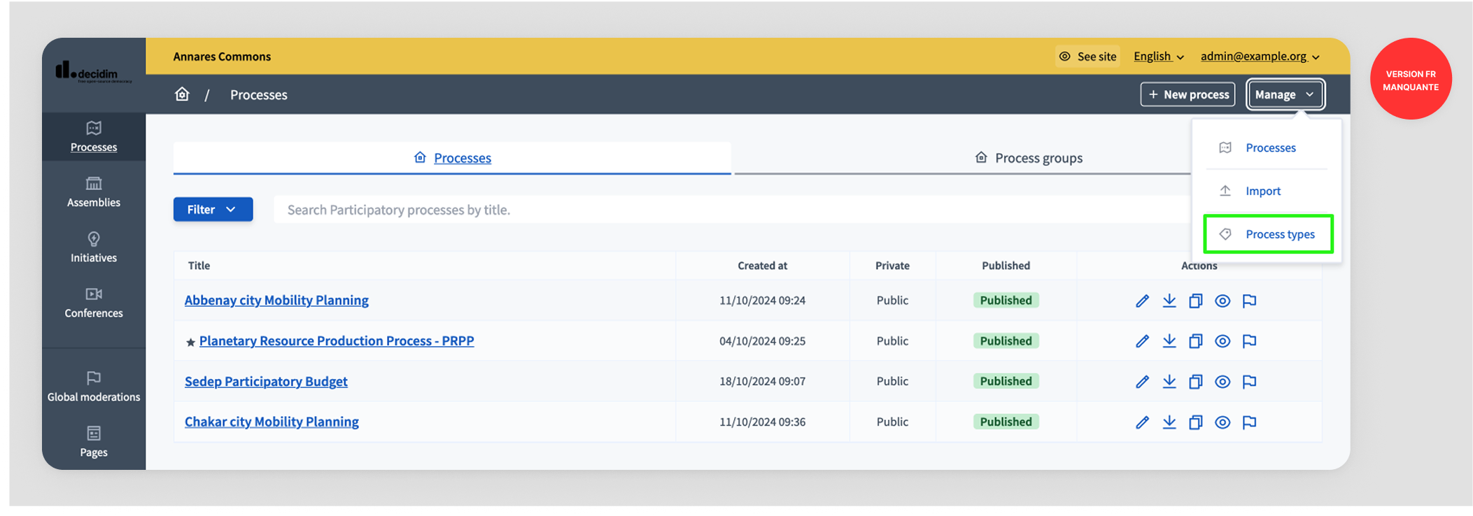 Backend process types menu item
