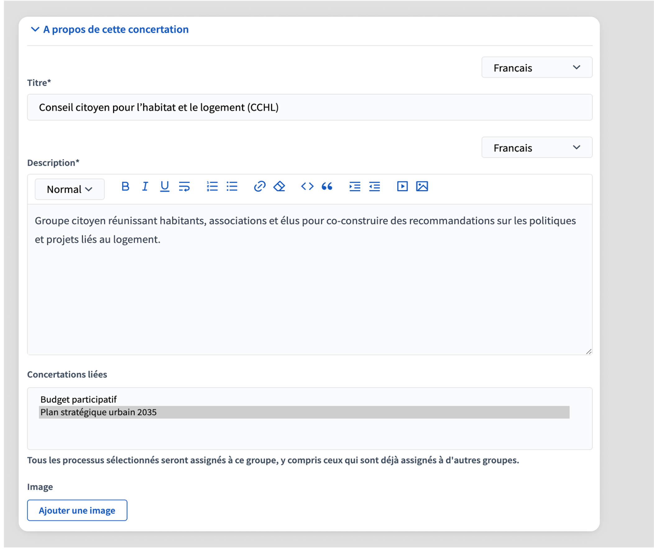 Participatory process groups creation form about this process