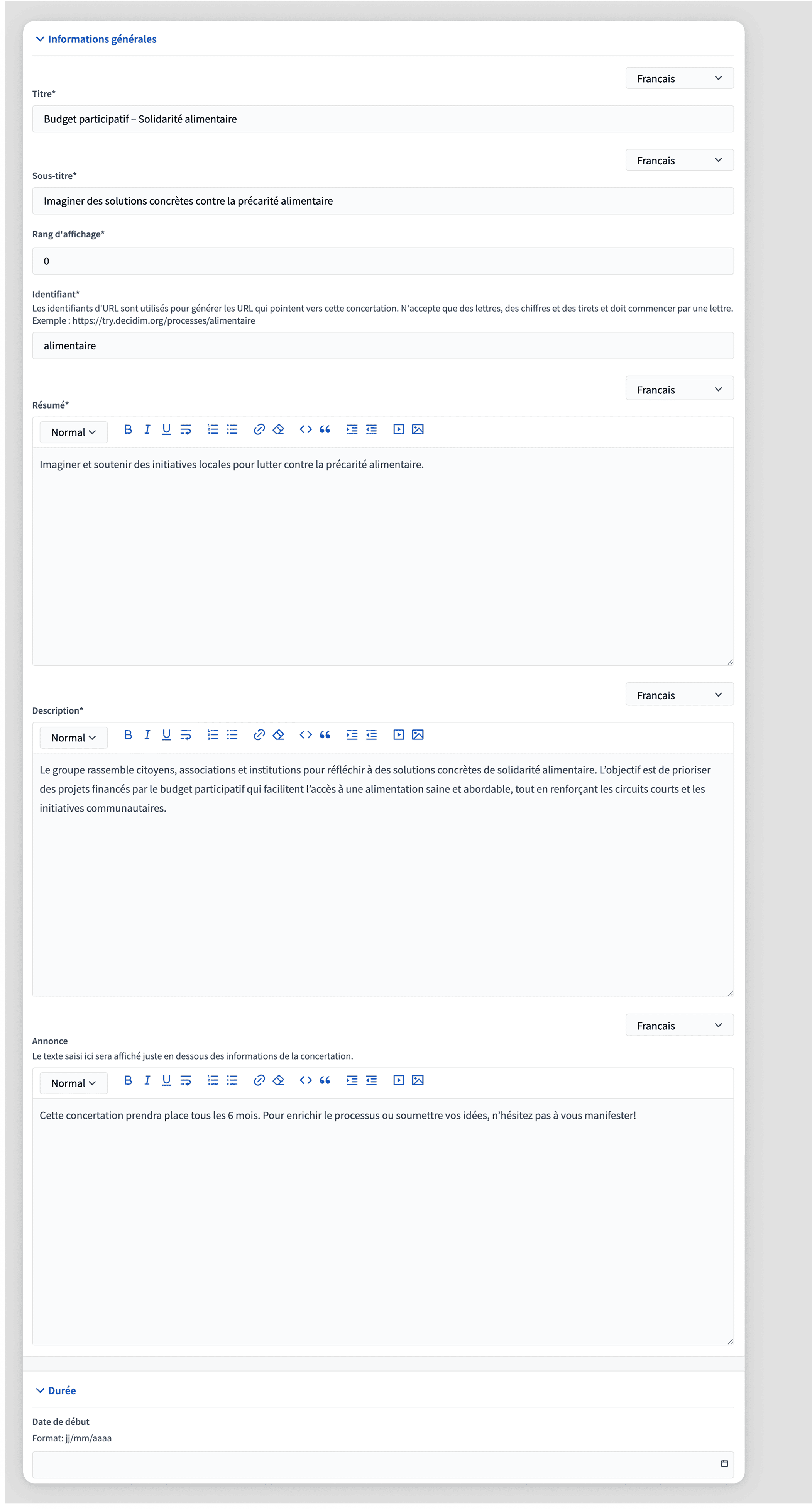 New participatory process form general info section