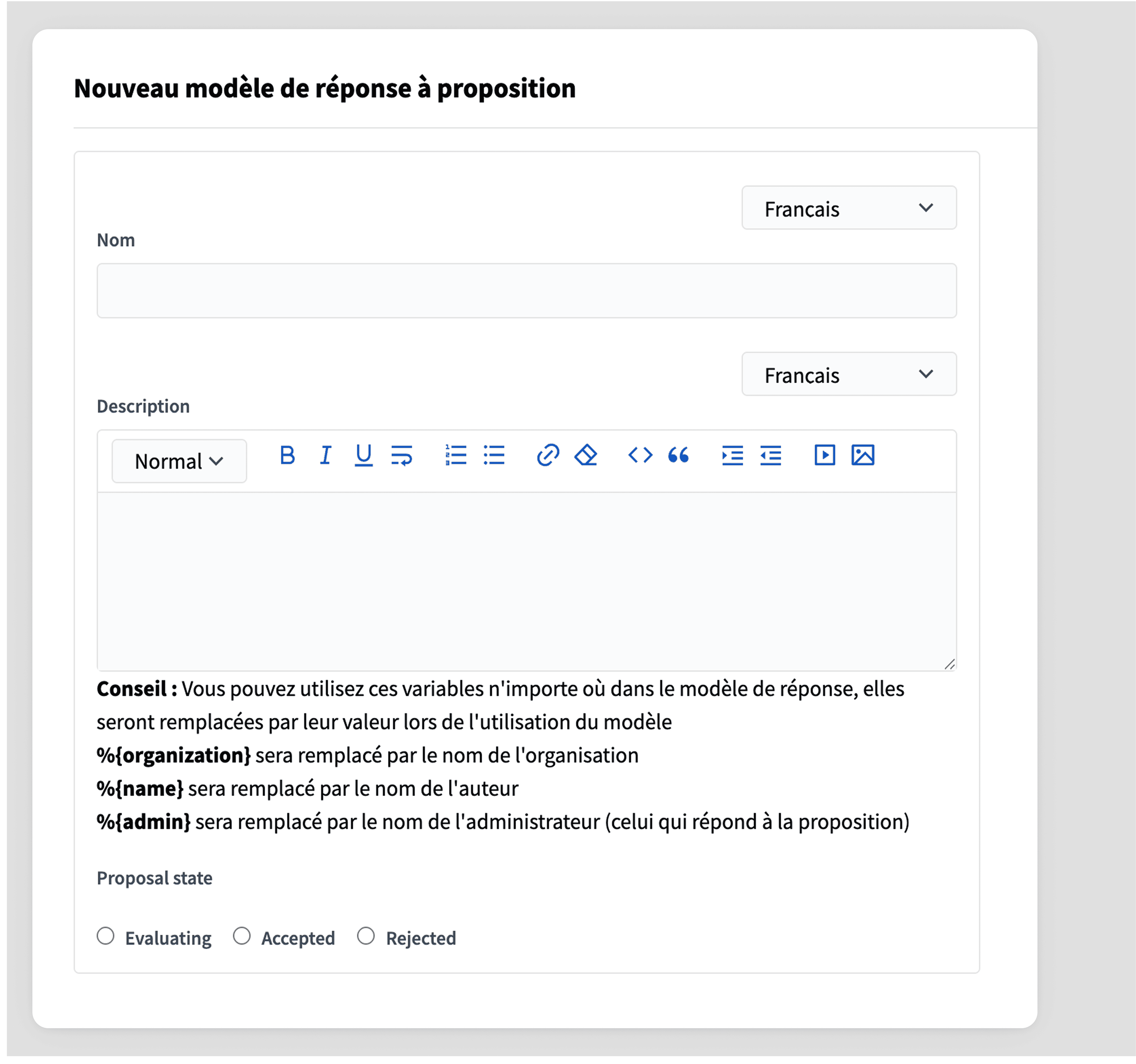 Backend: new proposal answer template form