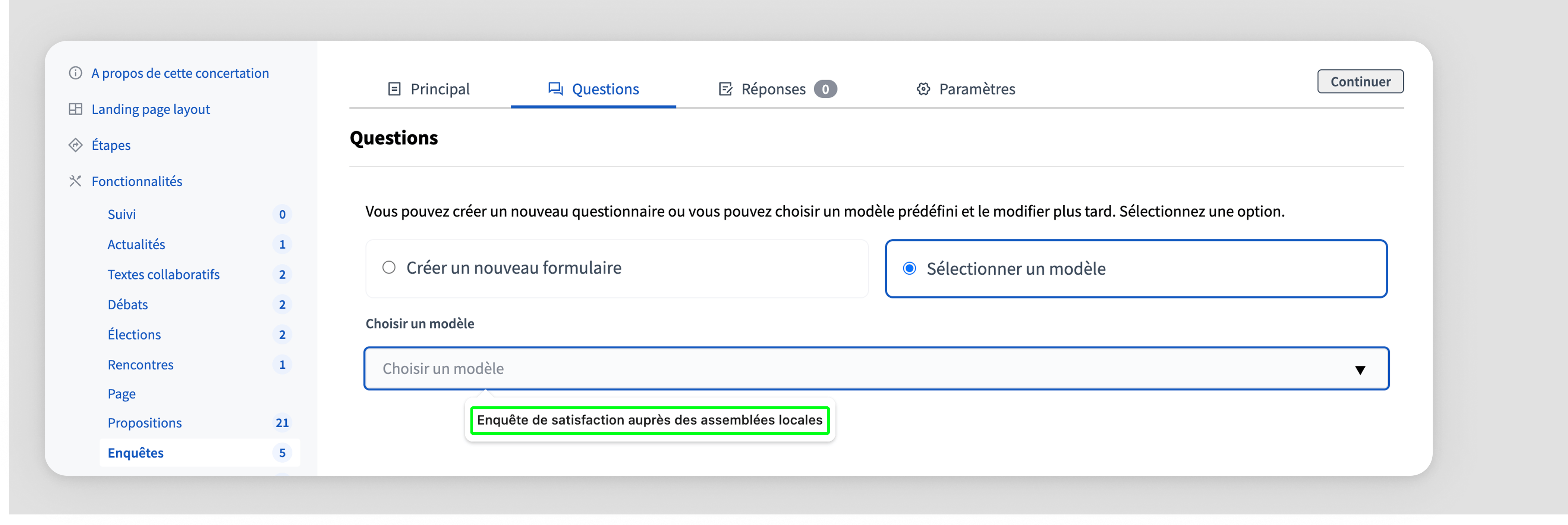 Backend: choose template when creating survey